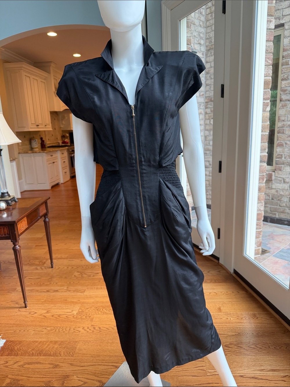 Vintage Black Zip-Front Midi Dress